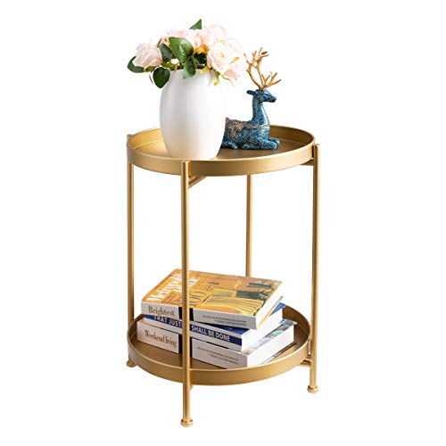 HollyHOME 2-Tier Round Metal End Side Table, Accent Anti-Rust Waterproof Simplistic Sofa Table, Modern Tray Outdoor&Indoor Folding Coffee Table, (D) 15.75" x(H) 20.47", Golden - Gold