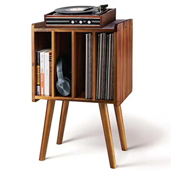 2BHOME Wooden LP Record Player Stand with 4 Cabinets, Holds up to 100 Vinyls, Metal Record Storage Holder and Organizer Table, Classical Design for Files/Book (Mid-Century Modern)
