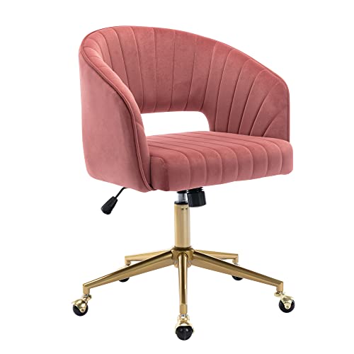 Home Office Chair Swivel Velvet Desk Chair Accent Armchair Upholstered Modern Tufted Chairs with Gold Base for Girls Women Ergonomic Study Seat Computer Task Stools for Living Room(Rose) - Rose