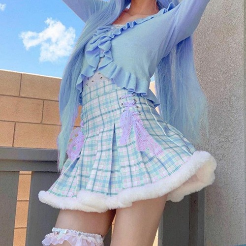 Blue Plaid Fur Princess Skirt | Blue / L
