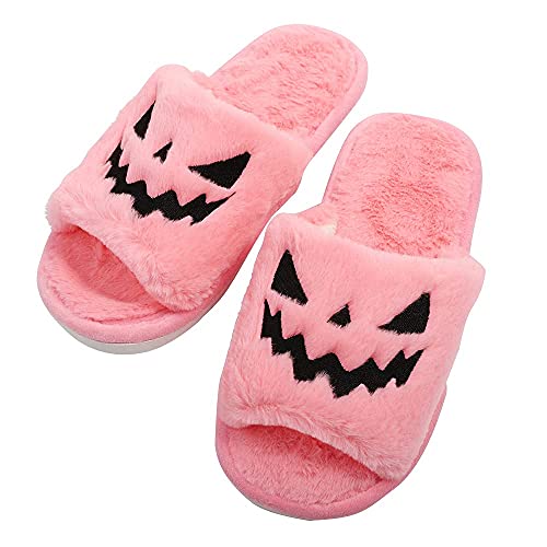 Spooky Slides Halloween Slippers Jack O Lantern Pumpkin Soft Plush Cozy Open Toe Indoor Outdoor Fuzzy Slippers Gifts For Girls Women Girlfriend Men - 9-10 - Pink