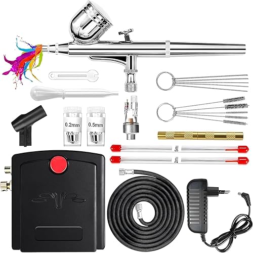 Powate 42 PSI Aerografo Multifunzione a Doppia Azione con Compressore per la Pittura Set di Aerografi Portatili per la Decorazione di Torte, Il Trucco e L'artigianato, Il Design Delle Unghie - Nero