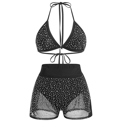 Women's Sparkle Mesh Bikini Sets Halter Bra Top High Waist Shorts Bottom 2 Piece Cover up Festival Holiday Rave Outfits - L - Black
