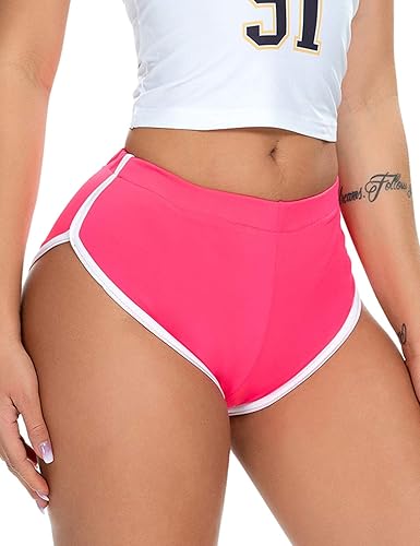 Aislor Women's Summer Yoga Sports Gym Dolphin Booty Shorts Low Rise Festival Rave Bottoms - L - Hot Pink