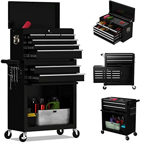 DUSACOM 8-Drawer High Capacity Rolling Tool Chest, Removable Cabinet Storage Tool Box with Wheels and Drawers, Detachable Toolbox with Lock for Workshop Mechanics Garage (Black) - 8Drawer - Black
