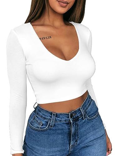 XXTAXN Women's Sexy Bodycon Basic Scoop Neck Long Sleeve Slim Solid Color Crop Top - Small - White