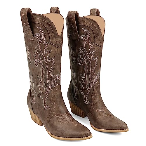 Zzheels Women Mid-calf Cowboy Boots Pointy Toe Boots Embroidered Western Cowgirl Boots Chunky Heels - 8 - Brown