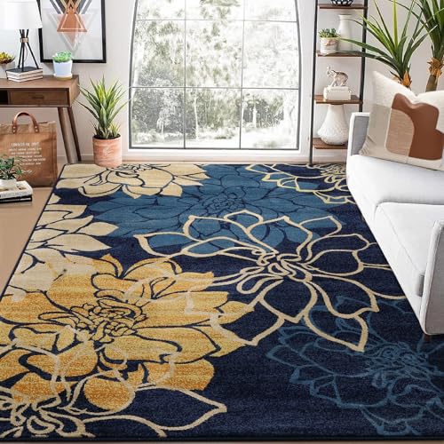 GlowSol Area Rug 9x12 Large Modern Rug Floral Rugs for Living Room Bedroom Thick Durable Stain-Resistant Rug Low Pile Dining Office Mat Non-Shedding Carpet for Bedroom Nursery Basement Decor - 9' x 12' - Blue Multi
