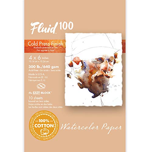Paper Fluid 100 Artist Watercolor Block, 300 lb (640 GSM) 100% Cotton Cold Press Pad for Watercolor Painting and Wet Media w/Easy Block Binding, 4 x 6 inches, 10 Sheets