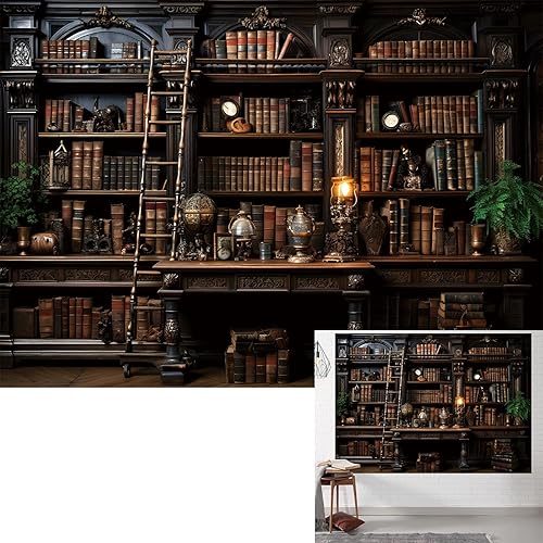 BINQOO Medieval Bookshelf Backdrop Bookcase Photography Background Spooky Library Backdrops Wall Hanging Dark Academia BPhotography Background Photo Studio Props - 7x5FT - black