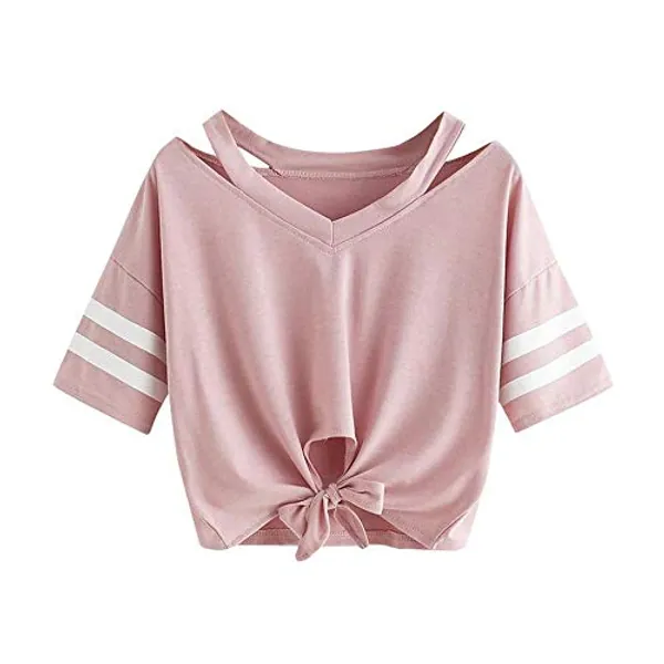 YEBIRAL Damen Sweatshirt, Teenager Mädchen Kurzarm T-Shirt Bauchfrei Oberteil Kurz Sommer Strand Casual Crop Tops V-Ausschnitt Bluse mit Schleife