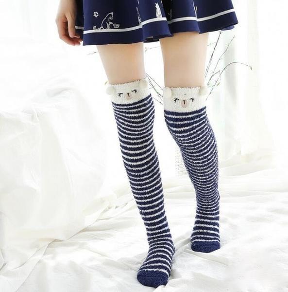 Navy Bear Thigh High Socks