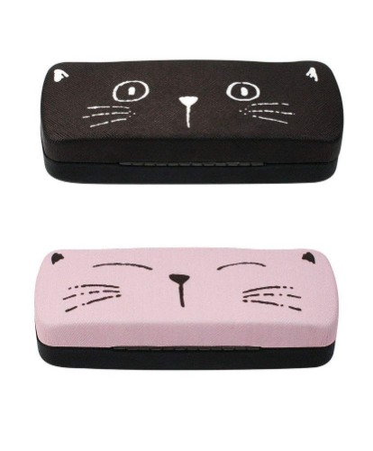 [2 PACK], JAVOedge Multi-Color Cute Cat Face Printed Hard Clamshell Eyeglass Storage Case with Microfiber Cloth