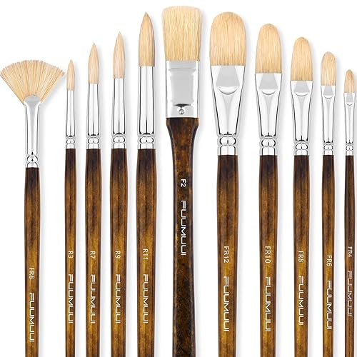Fuumuui Professional Oil Paint Brush Set, 11pcs Superior Hog Bristle Paint Brushes Perfect for Oil Acrylic Gouache Painting - Brown