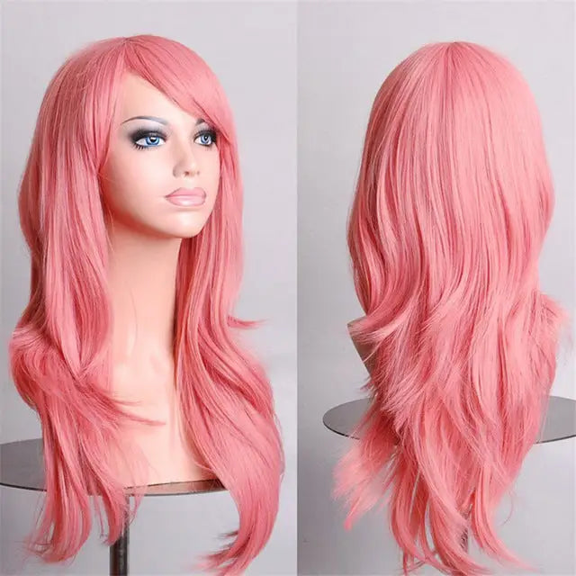 Long Solid Color Cosplay Wig with Face-Framing Fringe - Pink