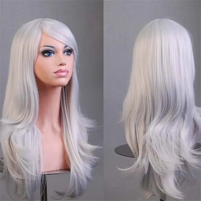 Long Solid Color Cosplay Wig with Face-Framing Fringe - Silver Grey