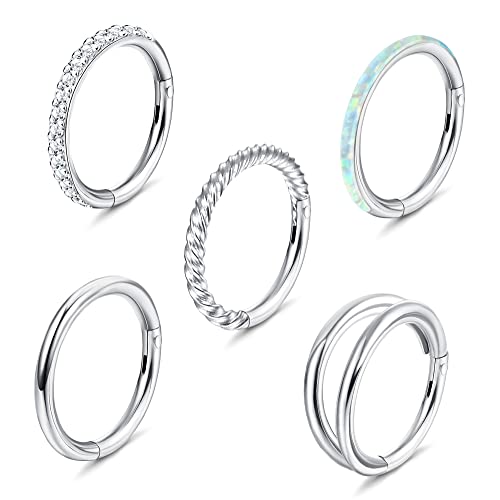 Jstyle 5Pcs 18G 16G Surgical Steel Nose Rings Hoop for Women Opal CZ Clicker Hinged Septum Nose Ring Lip Helix Cartilage Hoop Earring Daith Rook Conch Nose Piercing Jewelry for Women 8mm 10mm - Silver - 18G, 8MM
