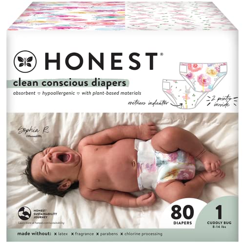 The Honest Company Clean Conscious Diapers | Plant-Based, Sustainable | Rose Blossom + Tutu Cute | Club Box, Size 1 (8-14 lbs), 80 Count - Size 1 (80 Count) - Rose Blossom + Tutu Cute