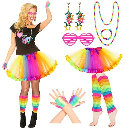 Hifot 80s Fancy Dress for Women,1980s Neon Accessories Set Rainbow Tutu Skirts Leg Warmers Gloves Glasses Earrings Bracelet Necklace Retro Party Costume