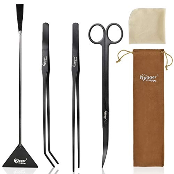hygger Long Stainless Steel Premium Aquarium Tools, 4 PCS Aquatic Plant Tweezers Scissors Spatula Kits Comes with 1 Cleaning Cloth, for Fish Tank Starters