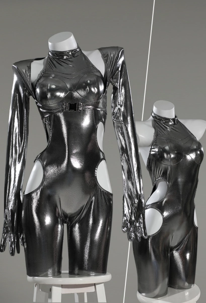 Sexy Lingerie Bodysuit Shiny Hollowed Halter Romper and Top with Mask