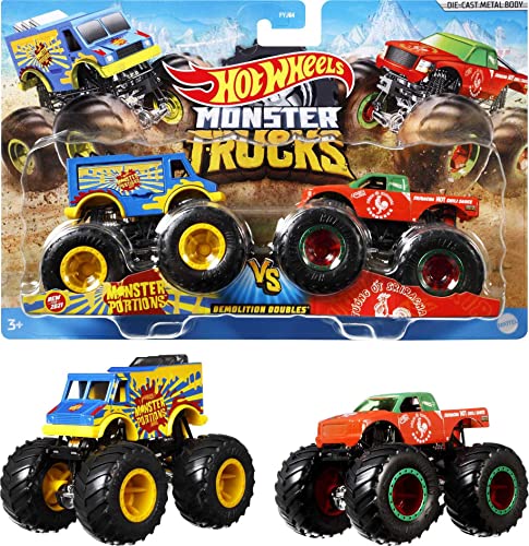 Hot Wheels Monster Trucks 1:64 Scale 2-Packs, 2 Toy Trucks with Giant Wheels, Gift for Kids Ages 3 Years Old & Up