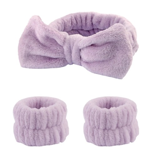 Cozy Fluffy Wash Face Absorbent Headbands Cuff Set - Purple 3Pcs
