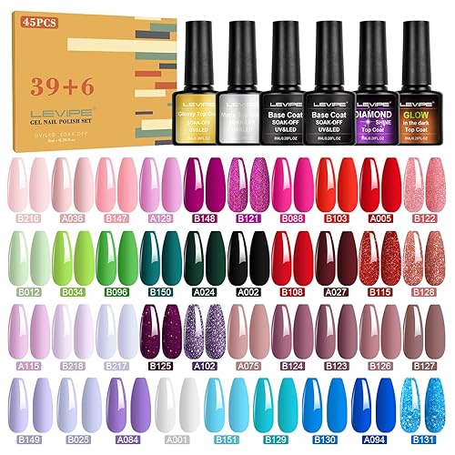 LEVIPE 45 Pcs Esmalte Semipermanente para Uñas Gel UV LED, 39 Colores de Pintauñas con 2 Base, Top Coat Brillante y Mate, capa Superiores de Diamante y Brilla en la Oscuridad