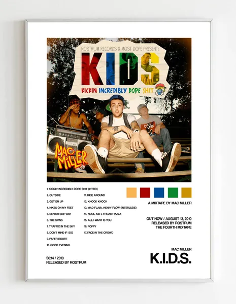 Mac Miller - KIDS Album Cover Poster Print With Track List and Color Tiles - 11" x 17" inches Ready to Frame - Wall Art