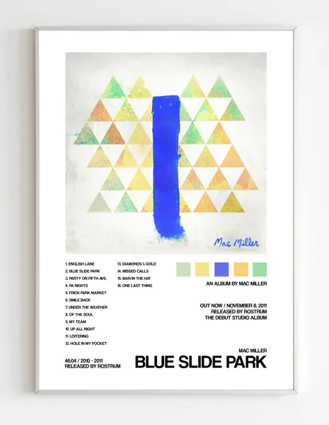 Mac Miller - Blue Slide Park Album Cover Poster Print With Track List and Color Tiles - 11" x 17" inches Ready to Frame - Wall Art