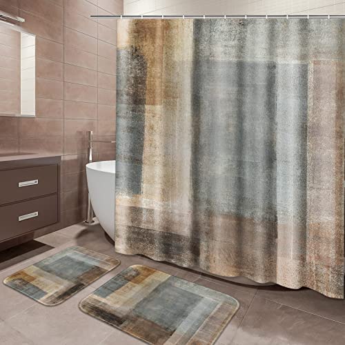 ArtSocket Brown Beige Bathroom Sets with Shower Curtain and Rugs and Accessories, Brown Grey Abstract Shower Curtain Sets, Modern Shower Curtains for Bathroom, Abstract Bathroom Decor 3 Pcs - Modern 17