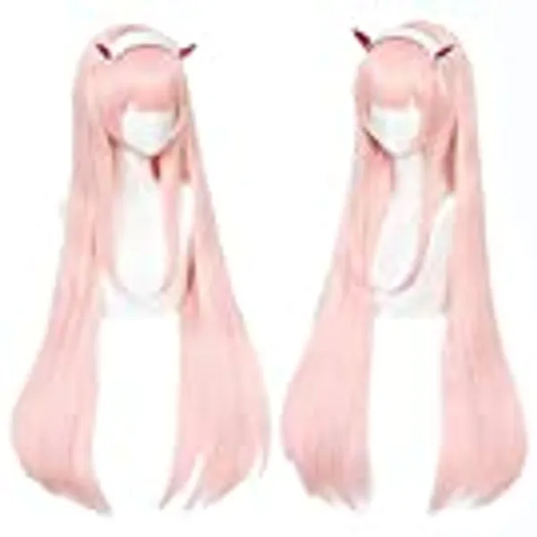 Uniquebe Zero Two Cosplay Wig Code 002 Long Straight DARLING in the FRANXX Pink Cosplay Wigs with Bangs for Women Girls + Headband Horn and One Wig Cap