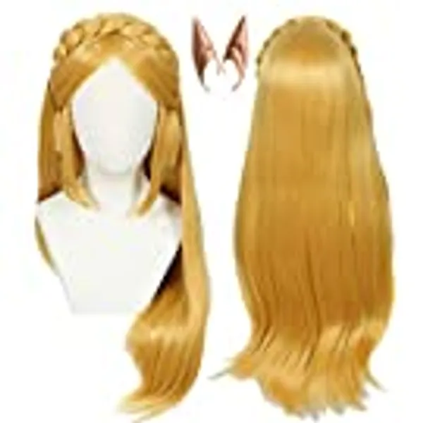 Linfairy Womens Long Blonde Wig Halloween Cosplay Wigs with 2 Elf Ear