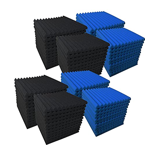 96 Pack Blue/black Absorb the echo Acoustic Foam Panel Wedge Studio Soundproofing Wall Tiles 12" X 12" X 1" - Black/blue