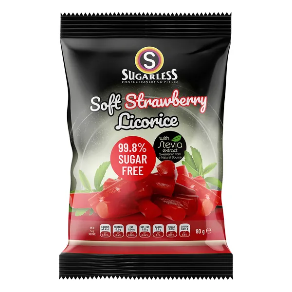Sugarless Confectionery, Soft Strawberry Licorice Pieces, 80 g