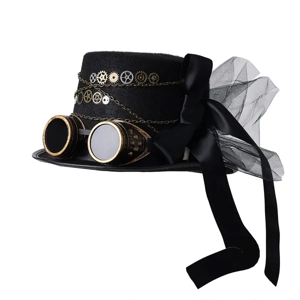 Unisex Steampunk Top Hats Gothic Gears Chain Veil Bowknot Hat