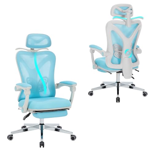 Hramk Ergonomic Office Chair with Footrest | Adjustable Lumbar Support, Reclining Desk Chair with Leg Rest, Comfortable Mesh Computer Chair for Home & Office (Blue) - Blue