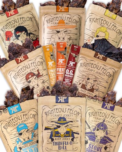 Righteous Felon Beef Jerky Stick Sampler Variety Pack - Gluten Free, High Protein, Low Sugar and Calorie Healthy Snacks Bundle - 11 Pack Variety