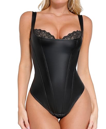 Popilush Leather Corset Tops for Women - Lace Shapewear Bodysuits Tummy Control Faux Leather Thong Body Suits - Medium - Black