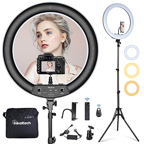 Inkeltech 21inch Ring Light with Tripod and Phone Holder, 3000K-6000K Dimmable Bi-Color LED Light Ring for Makeup, Selfie, Vlog, YouTube Video, Camera - Control with Remote - Bi-Color - 21-inch