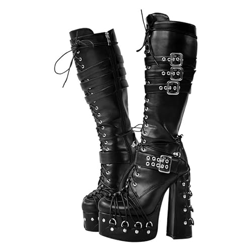 blingqeen Punk Stiefel Plateau Schnürstiefel für Damen Blockabsatz - 41 EU - Schwarz