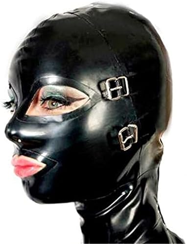 Schwarze Latex-Haubenmaske Mit Abnehmbarer Augenbinde Und Mundstück, Knebel, Nase, Nasenschlauch, Reißverschluss Hinten, Offene Augen, Mund Und Nase,Schwarz 0,4 Mm Dick,Groß