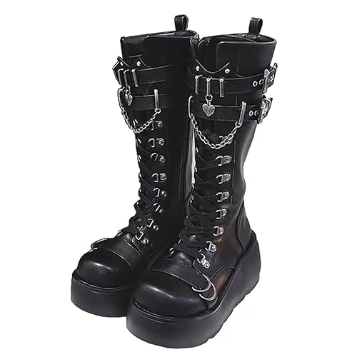 Damen-Gothic-Stiefeletten mit Plateau und Fledermausschnallen, klobige Absätze, runde Zehenpartie, Reißverschluss, Punk-Motorrad-Kampfstiefel, bequeme kurze Gothic-Stiefeletten - 41 EU - Boot S2 Black