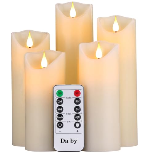 Bougies à LED de Da by, Ensemble de 5 Bougies décoratives (14 cm, 15 cm, 16 cm, 18 cm, 20 cm), Bougie sans Flamme de avec télécommande à 10 Touches.Flamme LED Clignotante, Faite de Vraie Cire - Ensemble de 5 Pièces