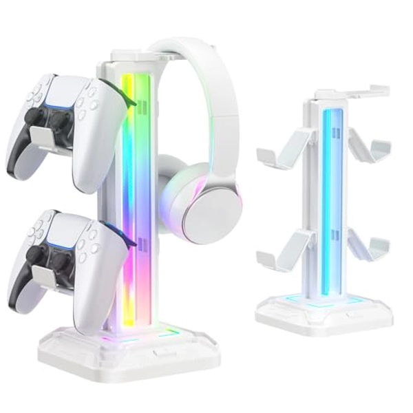 KDD RGB Headset Stand with 9 Light Modes - Controller Holder for Desk - Rotatable Headphone Stand & Detachable Controller Hook for PC Earphone Accessories(White)