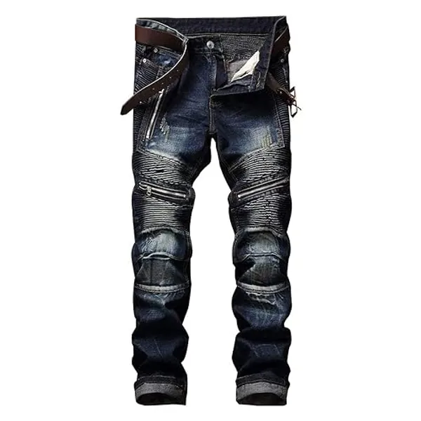 AITITIA Men's Biker Zipper Deco Washed Straight Fit Jeans