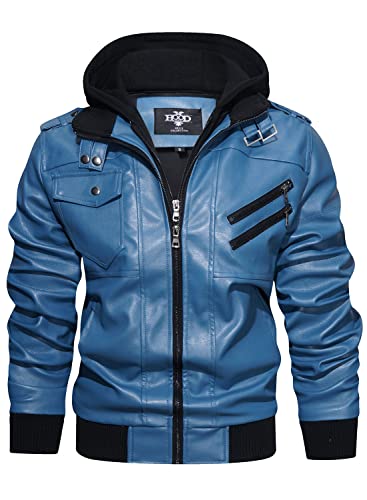 HOOD CREW Men’s Casual Stand Collar PU Faux Leather Zip-Up Motorcycle Bomber Jacket With a Removable Hood - X-Large - Blue