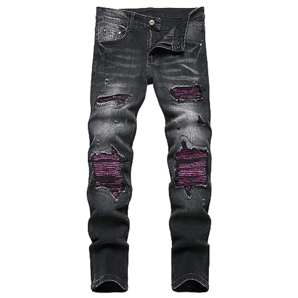 XIMXIMMTIAN Men's Biker Moto Washed Distressed Slim Fit Straight Jeans Denim