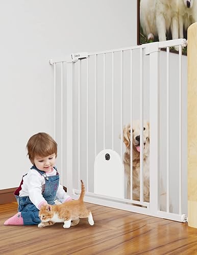 Babelio 36" Tall Auto Close Baby Gate with Small Cat Door, 29-43" Metal Cat Gate for Doorway, Stairs, House. Easy Walk Thru Dog Gate with pet Door, Includes 4 Wall Cups and 3 Extension Pieces, White - White - 29-43" Wide, 36" Tall