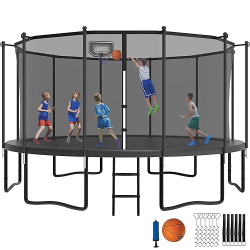 YORIN Tranpoline 16FT 15FT 14FT 12FT 10FT 8FT Tranpoline for Kids and Adults 1500LBS Tranpoline with Basketball Hoop, Enclosure Net, Back Yard Heavy Duty Recreational Tranpolines, ASTM Approved - Beautiful Black - 16 FT